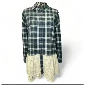 Altar'd State Women's Green Plaid Button-Up Shirt Lace Bottom Hem Size S